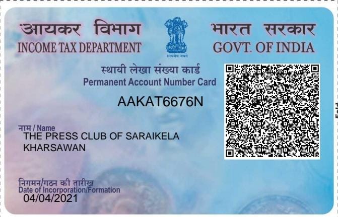 PAN card of The Press Club of Saraikela-Kharsawan